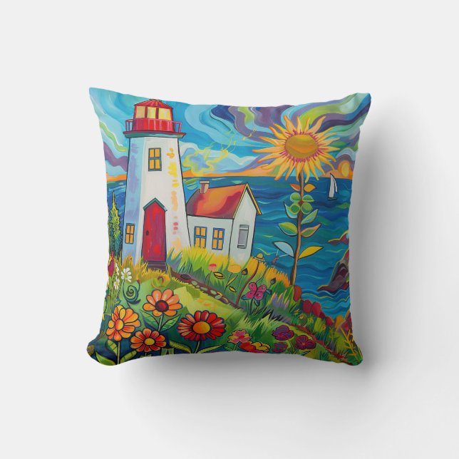 Whimsical Colorful Blommigt Light House Kudde (Framsida)