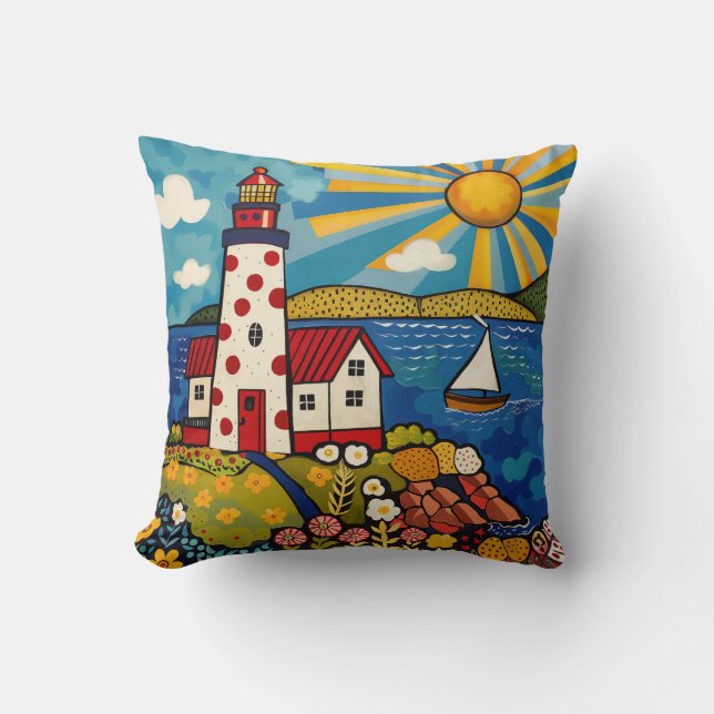 Whimsical Colorful Blommigt Light House Kudde (Framsida)