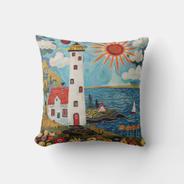 Whimsical Colorful Blommigt Light House Kudde
