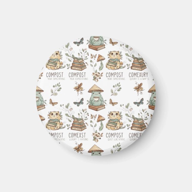 Whimsical "Compost Your Expectations" Frog & Cat P Magnet (Framsidan)