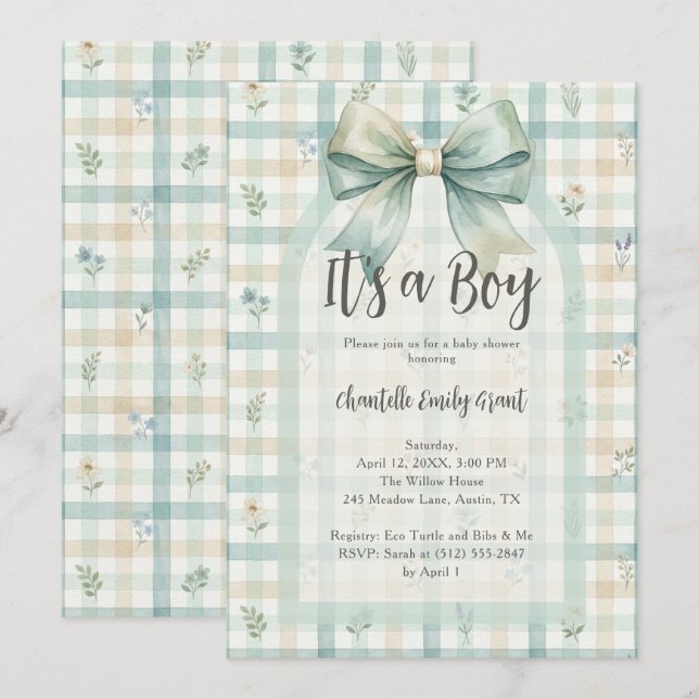 Whimsical Coquette Blue Gingham Baby Shower TMF26 Inbjudningar (Fram/baksida)
