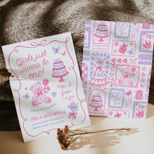 Whimsical Coquette Teddybjörn Rosa Handritad Inbjudningar