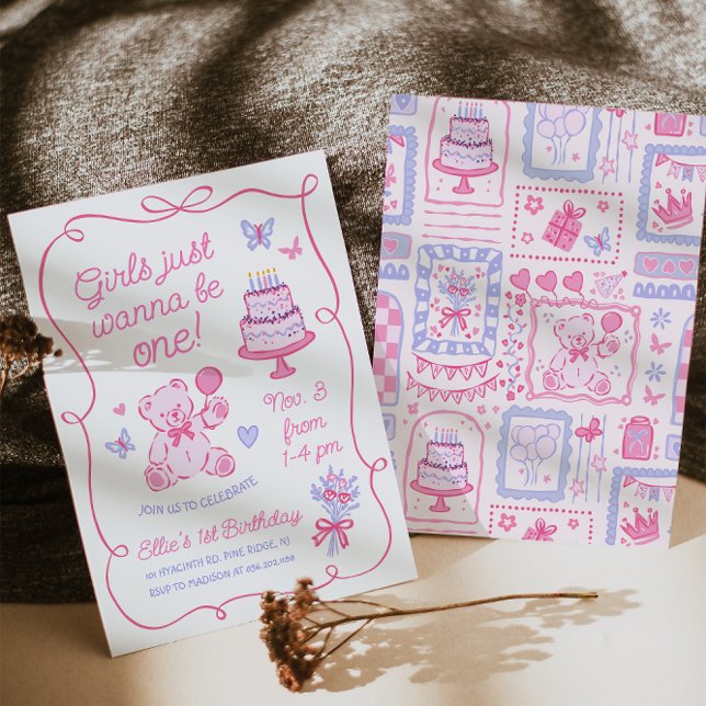 Whimsical Coquette Teddybjörn Rosa Handritad Inbjudningar (Skapare uppladdad)