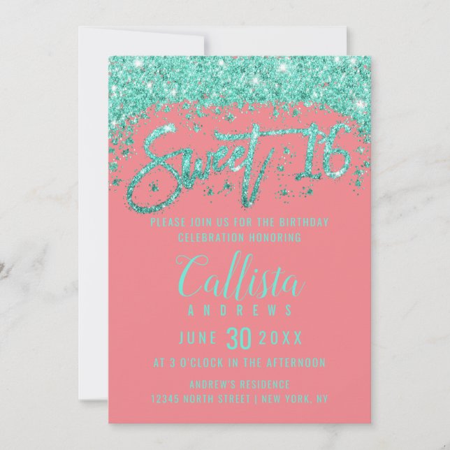 Whimsical Coral Turcos Glitter Dust Sweet 16 Inbjudningar (Framsida)