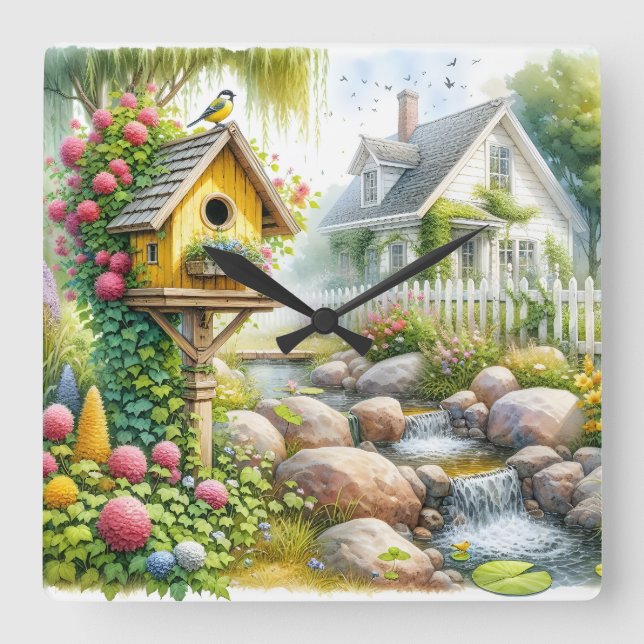 Whimsical Cottage Garden Birdhouse Stream Fyrkantig Klocka (Framsida)