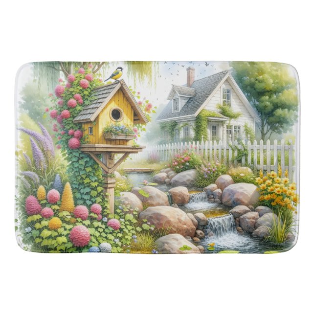 Whimsical Cottage Garden Fågelhus Ström Badrumsmatta (Framsidan)