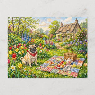 Whimsical Cottage Garden Picknick Pug Illustration Helg Vykort