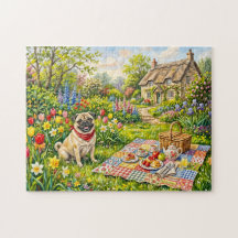 Whimsical Cottage Garden Picknick Pug Illustration