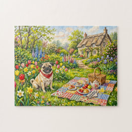 Whimsical Cottage Garden Picknick Pug Illustration Pussel