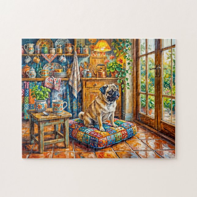 Whimsical Cottage Kök Fönster Mops Illustration Pussel (Horisontell)