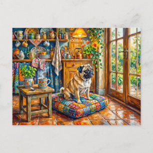 Whimsical Cottage Kök Fönster Mops Illustration Vykort