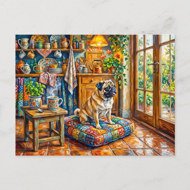 Whimsical Cottage Kök Fönster Mops Illustration Vykort (Framsida)