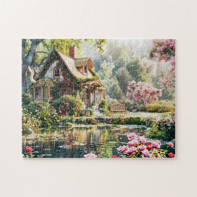 Whimsical Cottage med Rododendron och damm Pussel (Horisontell)