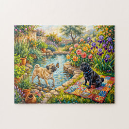 Whimsical Cottage Trädgårdsdamm Mops Illustration Pussel