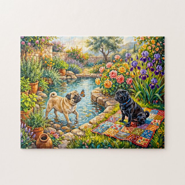 Whimsical Cottage Trädgårdsdamm Mops Illustration Pussel (Horisontell)