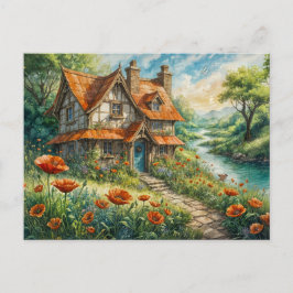 Whimsical Cottage with Poppy Flowers Vykort