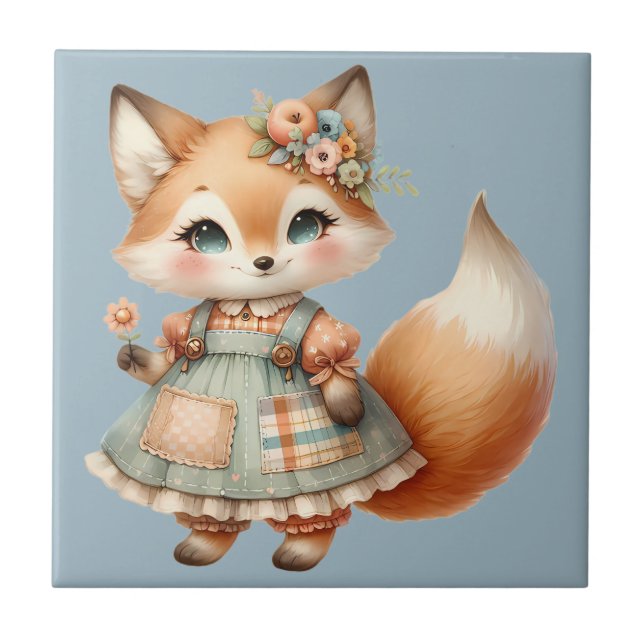 Whimsical Cottagecore Blommig Pastellräv Kakelplatta (Framsidan)