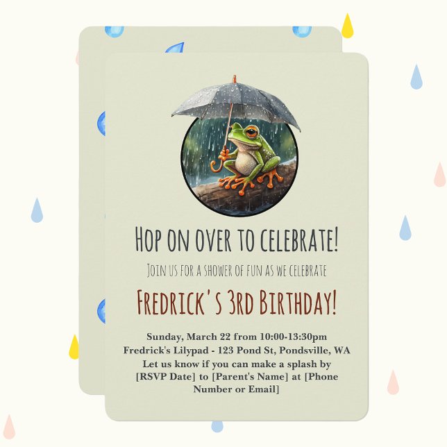 Whimsical Cottagecore Frog Födelsedagsfest Inbjudningar (Whimsical woodland birthday collection cottagecore frog rainy day aesthetic birthday party invite)