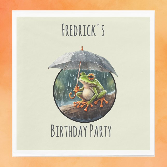 Whimsical Cottagecore Frog Födelsedagsfest Pappersservett (Whimsical woodland cottagecore frog theme birthday party rainy day aesthetic children's napkins)