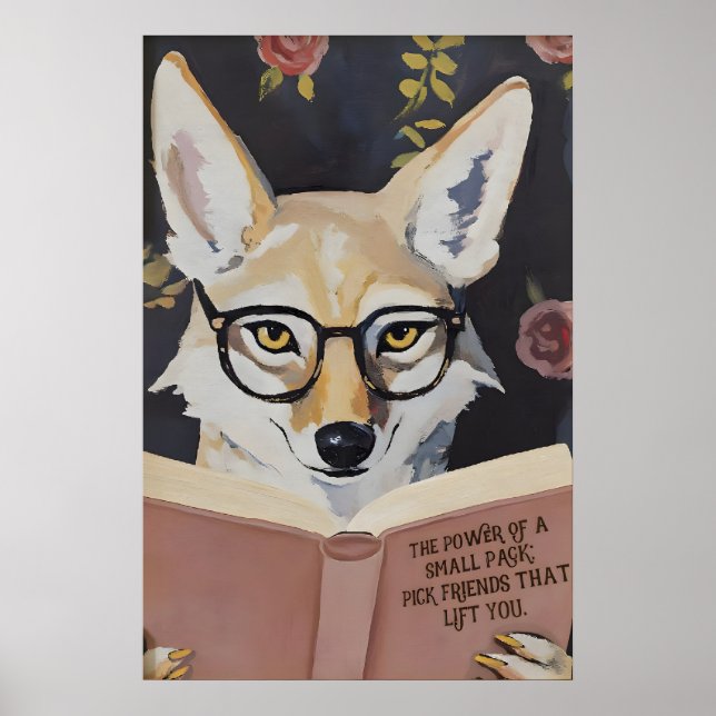 Whimsical Coyote Läsande Bok Konsttryck - Litterär Poster (Framsidan)