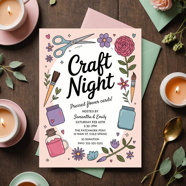 Whimsical Craft Night Fun Scissors Paint Flowers Vykort (Charming pastel craft night invitation with whimsical design for a fun, creative gathering.)