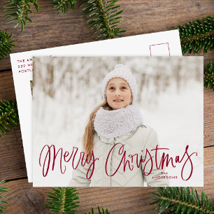 Whimsical Cranberry Script God Jul 2 Foto Helg Vykort