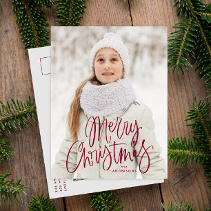Whimsical Cranberry Script God Jul 2 Foto Helg Vykort