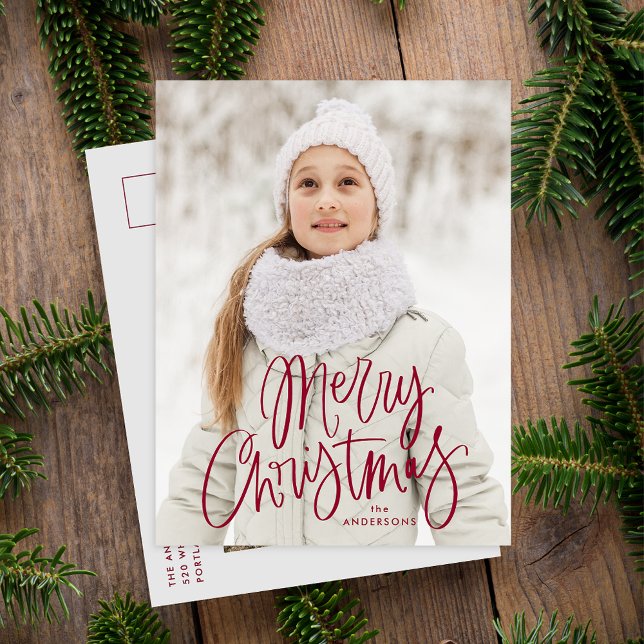 Whimsical Cranberry Script God Jul 2 Foto Helg Vykort (Skapare uppladdad)