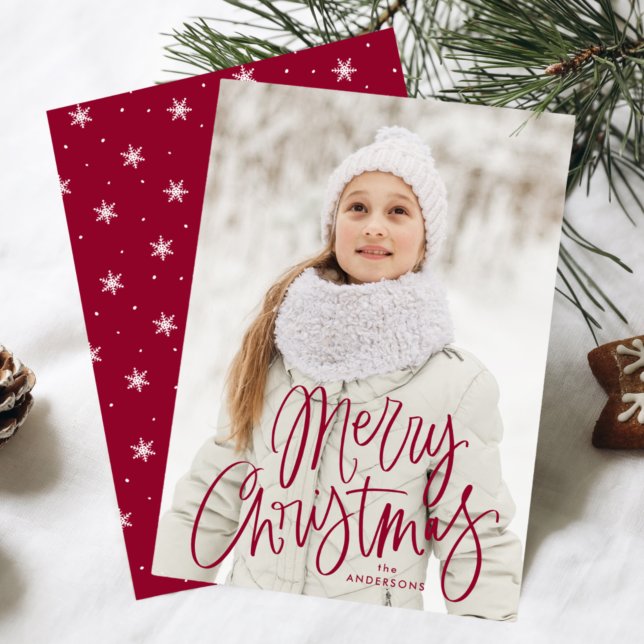 Whimsical Cranberry Script God Jul Foto Julkort (Skapare uppladdad)