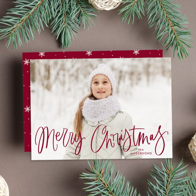 Whimsical Cranberry Script God Jul Foto Julkort (Skapare uppladdad)