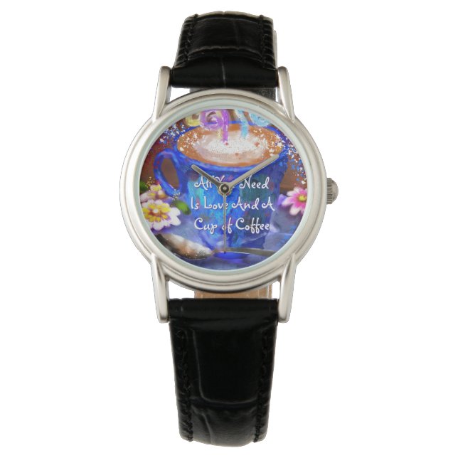 Whimsical Cup of Coffee Floral Personalized Armbandsur (Framsida)