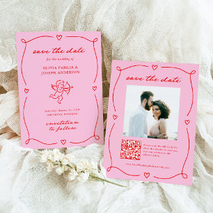 Whimsical Cupid Rosa och Röd Foto och QR-kod Spara Datumet