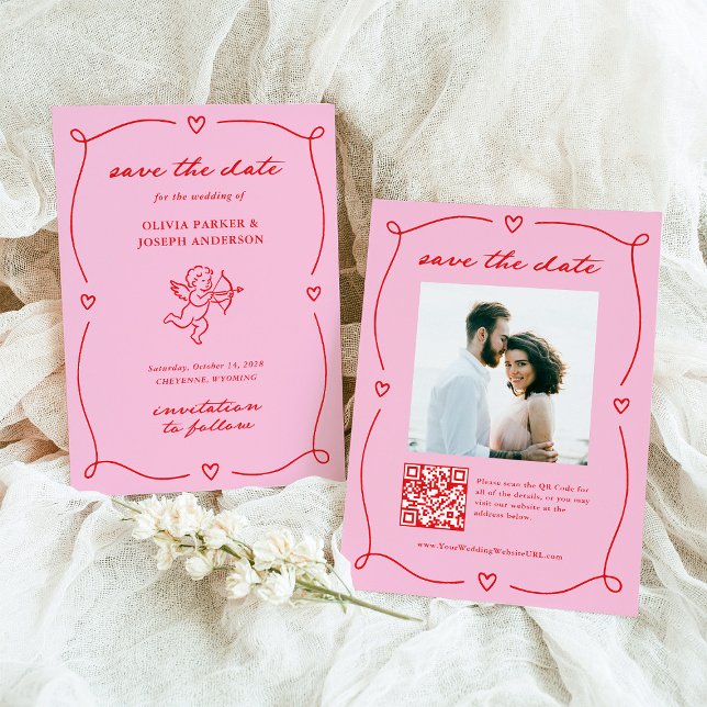 Whimsical Cupid | Rosa och Röd Foto och QR-kod Spara Datumet (Skapare uppladdad)