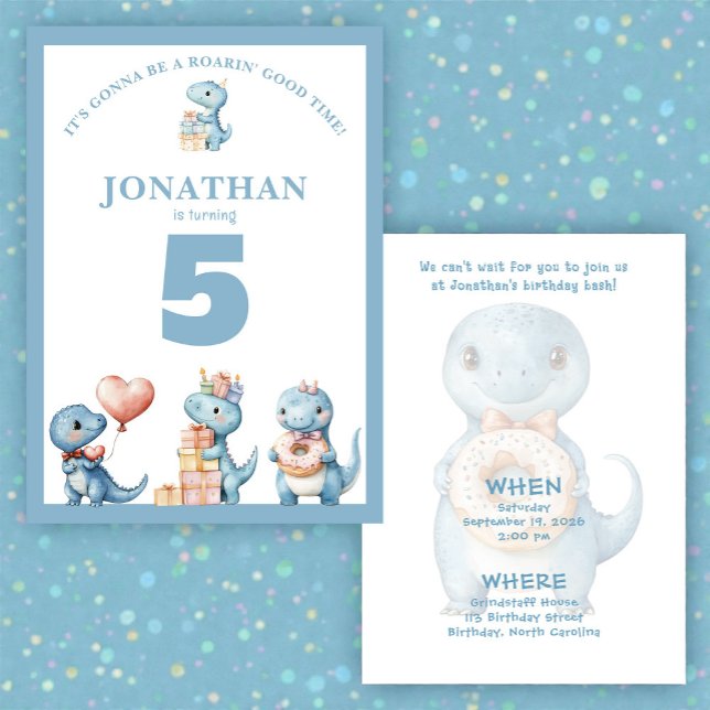 Whimsical Custom Blue Dinosaur Birthday Invitation Inbjudningar (Skapare uppladdad)