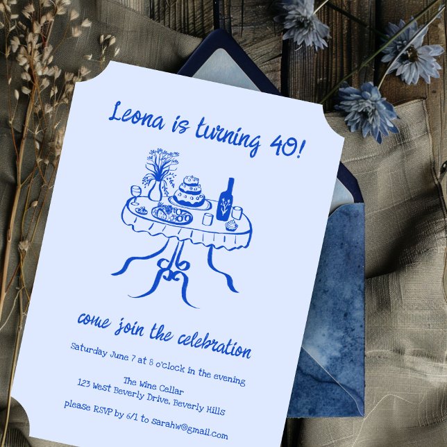 Whimsical Cute Buffet Picnic Anpassningsbar Födels Inbjudningar (Whimsical Cute Buffet Picnic Table Custom Birthday Party Invitation Blue
)
