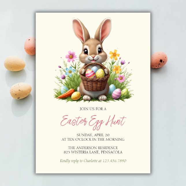 Whimsical Cute Bunny Rabbit Blommigt Påskägg Hunt Inbjudningar (Whimsical Cute Bunny Rabbit Floral Easter Egg Hunt Invitation)