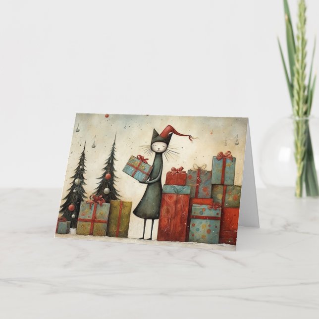 Whimsical Cute Cat with Christmas Gifts and Tree  Kort (Framsida)