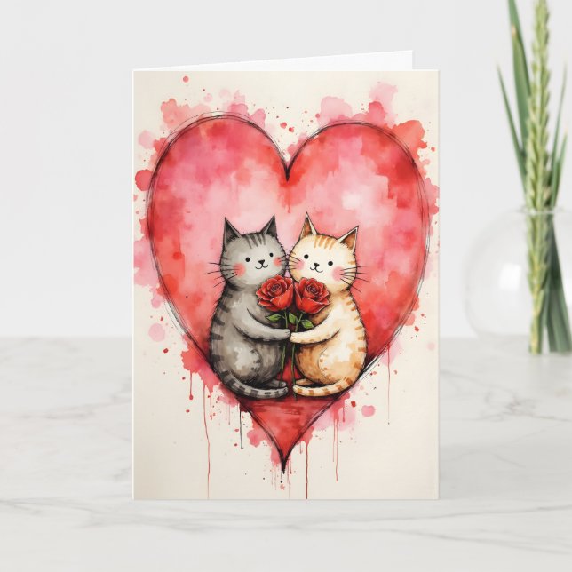Whimsical Cute Cats Valentine Hearts and Red Roses Kort (Framsida)