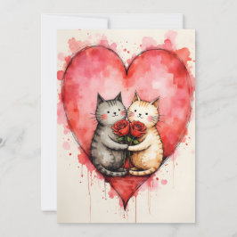 Whimsical Cute Cats Valentine Hearts and Red Roses Kort