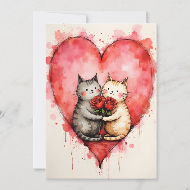 Whimsical Cute Cats Valentine Hearts and Red Roses Kort (Framsida)