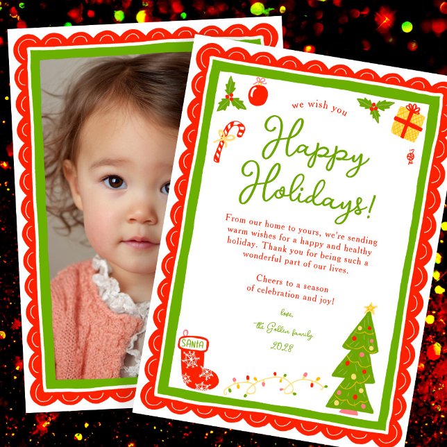 Whimsical Cute Christmas CUSTOM PHOTO Scalloped Julkort (Whimsical Cute Christmas CUSTOM PHOTO Scalloped Edge Holiday Card
)