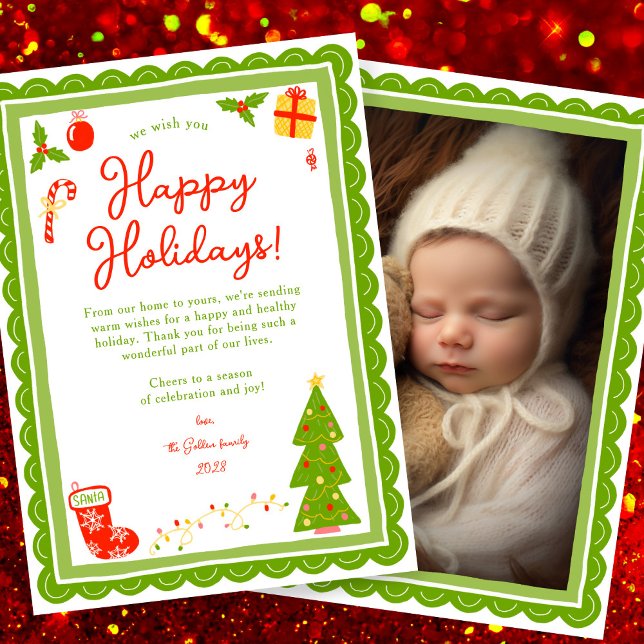 Whimsical Cute Christmas CUSTOM PHOTO Scalloped Julkort (Whimsical Cute Christmas CUSTOM PHOTO Scalloped Edge Holiday Card
)