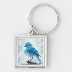 *~* Whimsical Cute Detailed Blue Bird AP54 Art Fyrkantig Silverfärgad Nyckelring