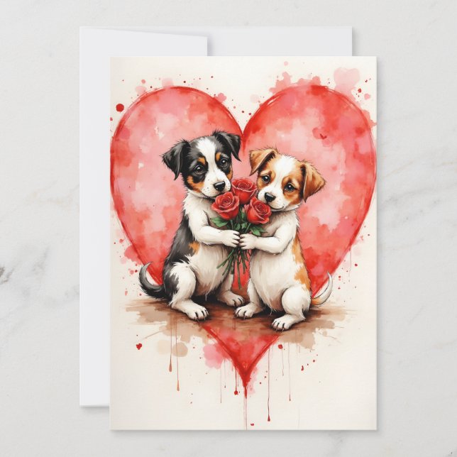 Whimsical Cute Dogs Valentine Hearts and Red Roses Kort (Framsida)