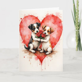 Whimsical Cute Dogs Valentine Hearts and Red Roses Kort