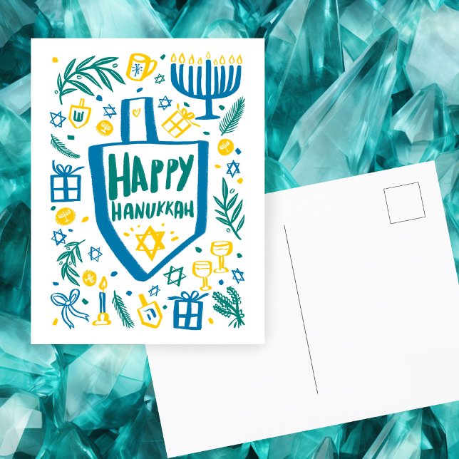 Whimsical Cute Dreidel Menorah ANPASSNINGSBAR HANU Helg Vykort (Whimsical Cute Doodles Dreidel Menorah CUSTOM HANUKKAH Holiday Postcard
)