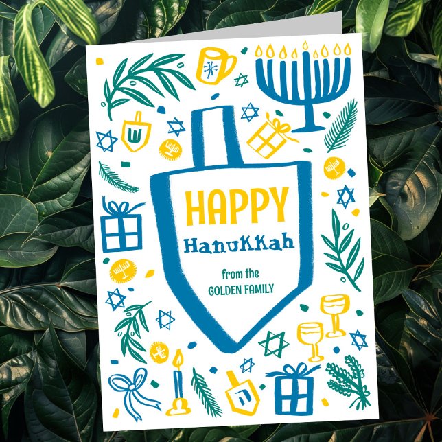 Whimsical Cute Dreidel Menorah ANPASSNINGSBAR HANU Helgkort (Whimsical Cute Dreidel Menorah CUSTOM HANUKKAH Holiday Card
)