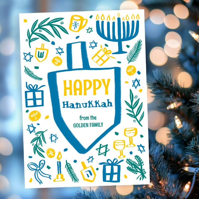 Whimsical Cute Dreidel Menorah ANPASSNINGSBAR HANU Julkort (Whimsical Cute Dreidel Menorah CUSTOM HANUKKAH Holiday Card
)