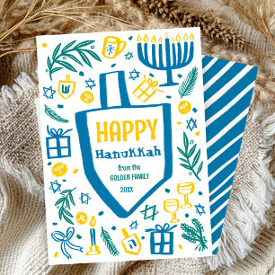 Whimsical Cute Dreidel Menorah ANPASSNINGSBAR HANU Julkort