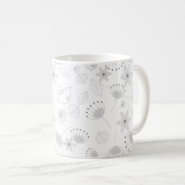 Whimsical Cute Floral and Bird Pattern on White Kaffemugg (Framsida höger)